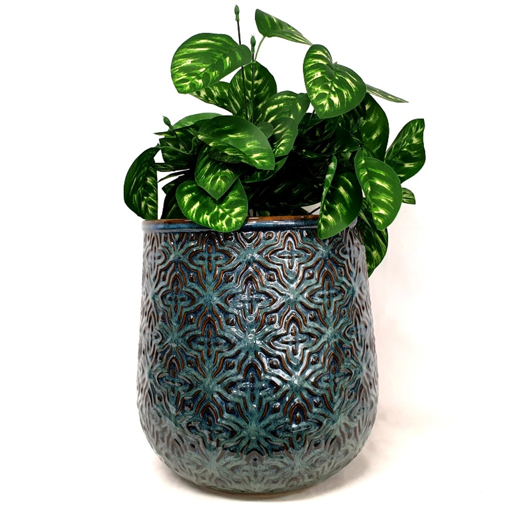 LARGE SEA GREEN EMBOSSED POT - DHP0114