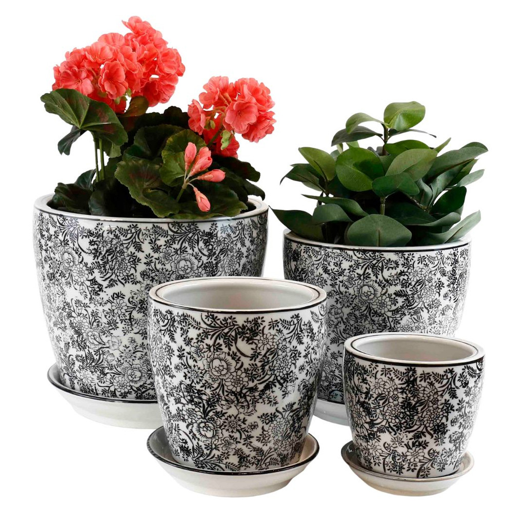 SET 4 STRAIGHT PLANTERS - BLACK FLORAL - PE0076