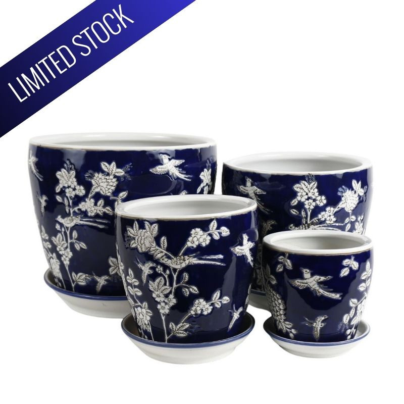 SET OF 4 PLANTERS - NAVY BIRD FLORAL - PE0127