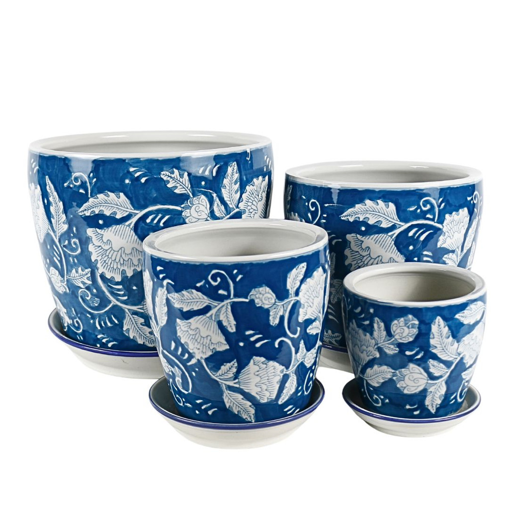 SET OF 4 PLANTERS - AQUA FLORAL - PE0128