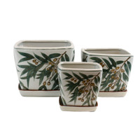 HAND PAINTED GUM LEAVES- SET OF 3 SQUARE POTS - PE0092