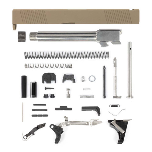 Glock® 17 Compatible Pistol Build Kit w/ FDE Front & Rear Serrated Slide, Threaded Stainless Barrel, Upper Parts Kit, and Lower Parts Kit