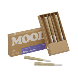 Mood Gary’s Cherries Pre-Roll packaging and rolled cannabis joint, high-potency 22.44% THC hybrid with cherry and citrus flavor profile.