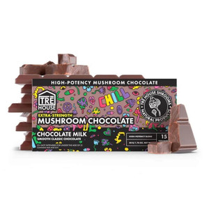 Premium Tre House Extra-Strength Chocolate Bar made with high-quality ingredients and a blend of lion’s mane, chaga, cordyceps, and turkey tail mushrooms.