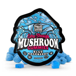 Blue Raspberry:
Tre House Magic Mushroom Gummies 15-count Blue Raspberry flavor, blue sour gummy candy with sweet and tangy berry profile in branded packaging