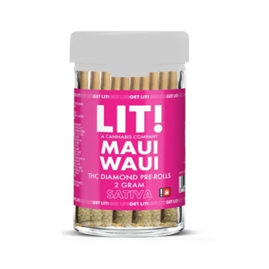 Lit Maui Waui 10-pack liquid diamonds pre rolls box and display tube on clean white background.