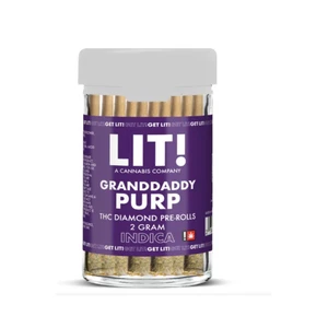 Lit Granddaddy Purp 10-pack liquid diamonds pre rolls box on white background.