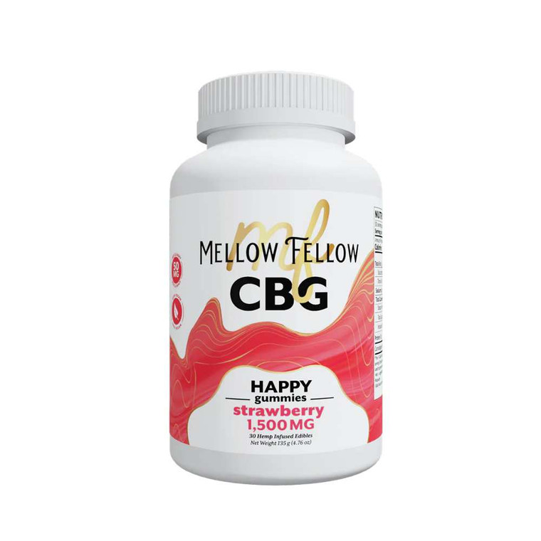 Mellow Fellow Happy CBD Gummies 50mg 30-pack, strawberry flavored gummies for relaxation and mood support