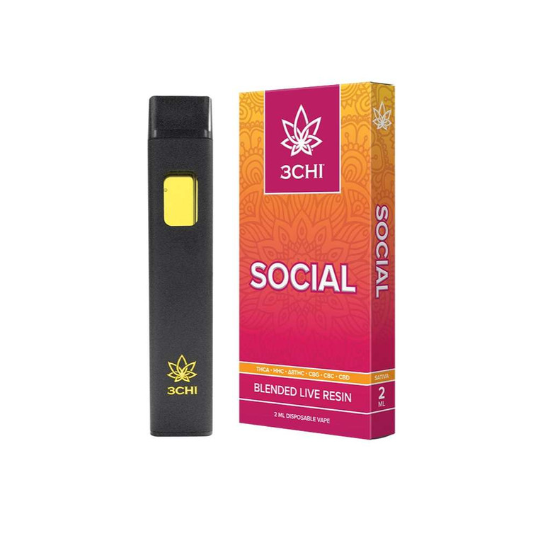 3CHI Vibes Social 2G live resin disposable cannabis vape with fruity citrus terpene flavor and uplifting social effects