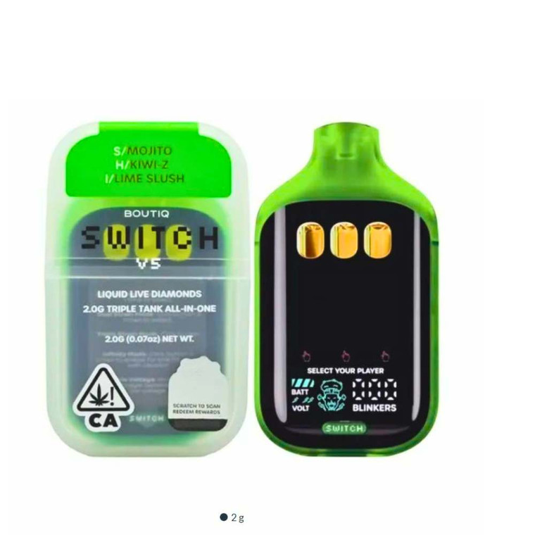 Boutiq Switch V5 Mojito Kiwi Z Lime Slush 2G disposable cannabis vape with triple chamber flavor switching system
