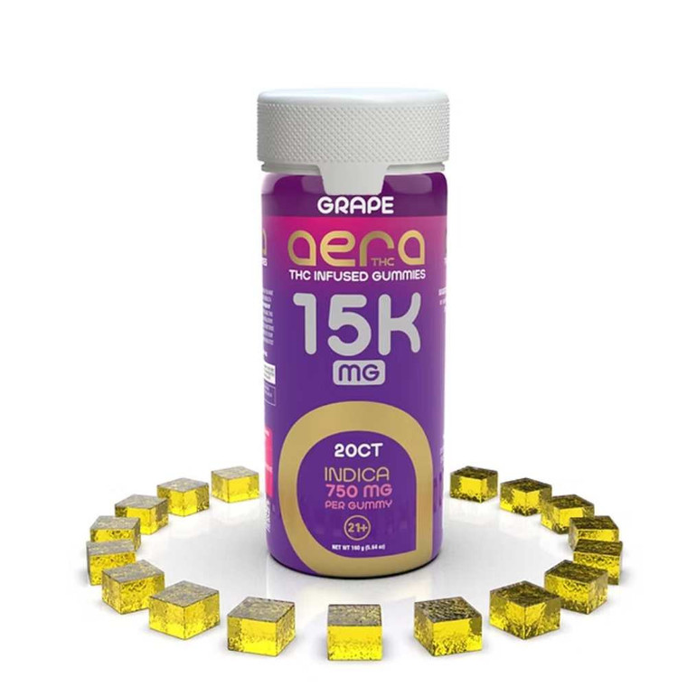 A pack of AERA 15,000mg THC Gummies – 20ct Watermelon Hybrid, showing bright watermelon-flavored gummies arranged neatly for high-potency cannabis edible display.