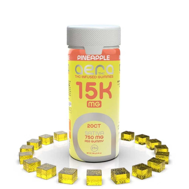 A pack of AERA 15,000mg THC Gummies – 20ct Pineapple sativa, showing bright watermelon-flavored gummies arranged neatly for high-potency cannabis edible display.