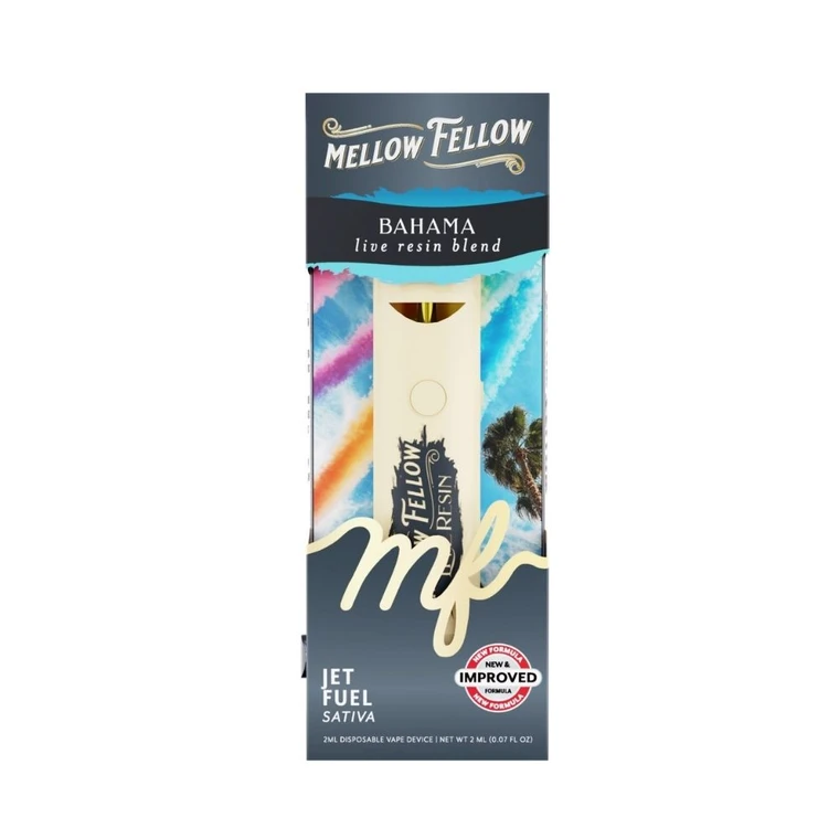 Mellow Fellow Jet Fuel Live Resin THC Disposable Vape 2 grams packaging and pen.
