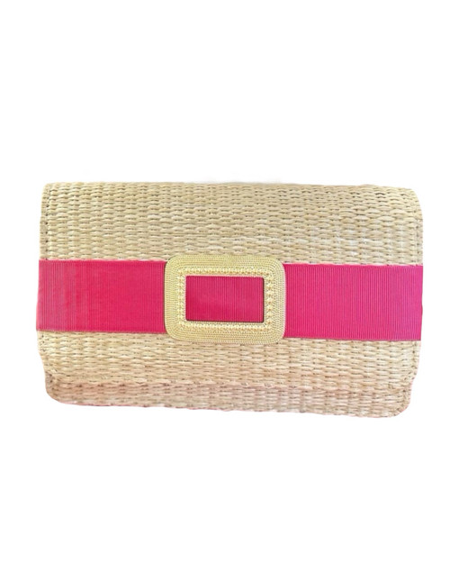 Lisi Lerch Scalloped Ruby Straw Clutch, Hot Pink Band 