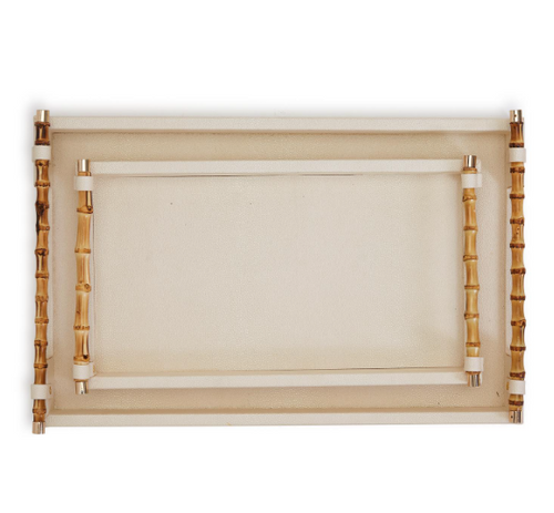 FSN138 Small Cream Decorative Rectangle Trays W/ Bamboo Handles 