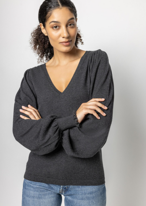 PA2004 Puff Sleeve V Neck Sweater - Charcoal 