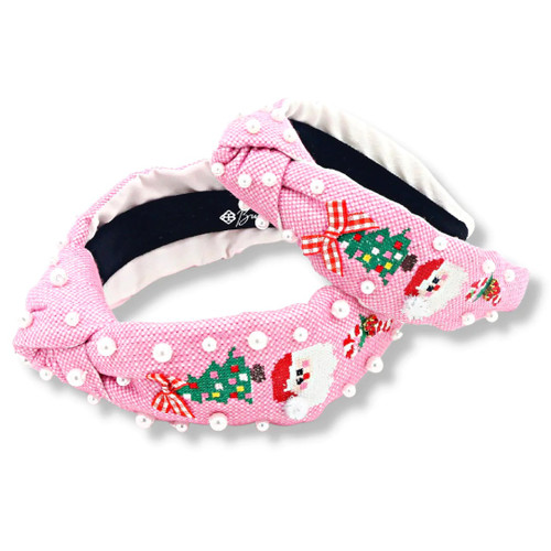 Child Size Pink Christmas Cross-stitch Headband with Pearls