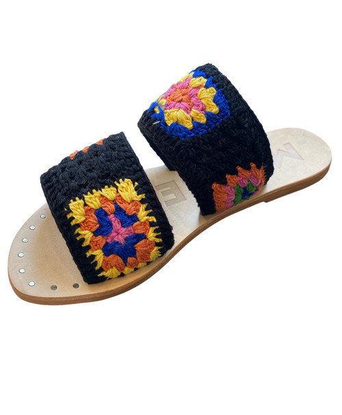 Cotton Crochet Leather Sandals Black Sunset Orange 