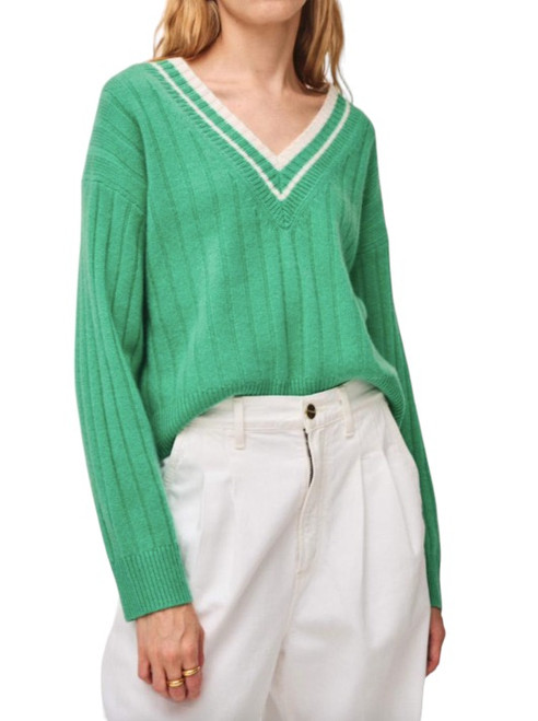 White + Warren Cashmere Varsity Wide Rib, Retro Green White 