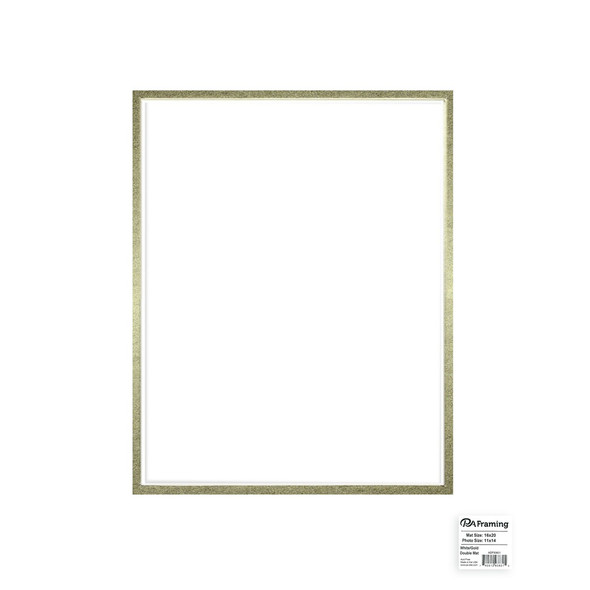 PA Framing Mat Double 16 inch x 20 inch /11 inch x 14 inch White Core White/Gold