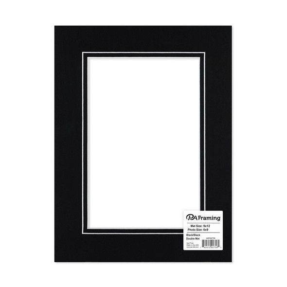 PA Framing Mat Double 9 inch x 12 inch /6 inch x 9 inch White Core Black/Black