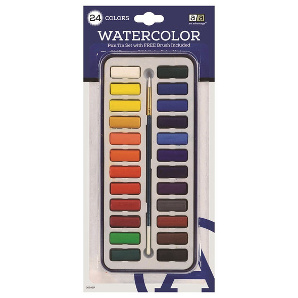 Art Advantage Watercolor Paint Set Square Pan with Brush 24 Color