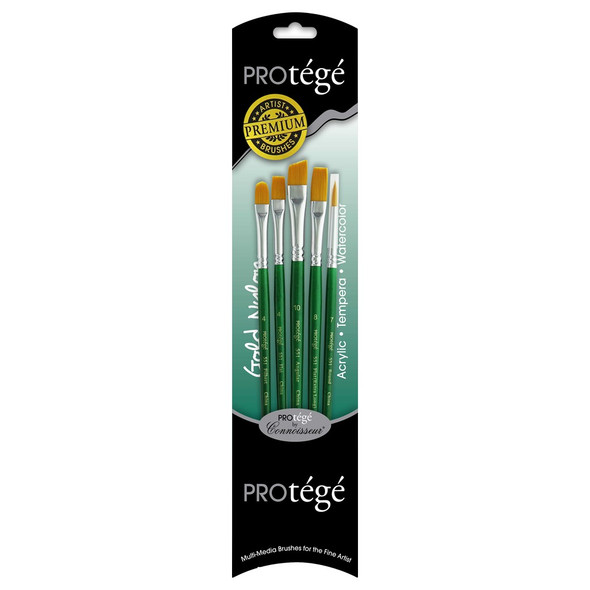 Protege Brush Gold Nylon Short Handle 5 piece FlatFilbertAngularRound