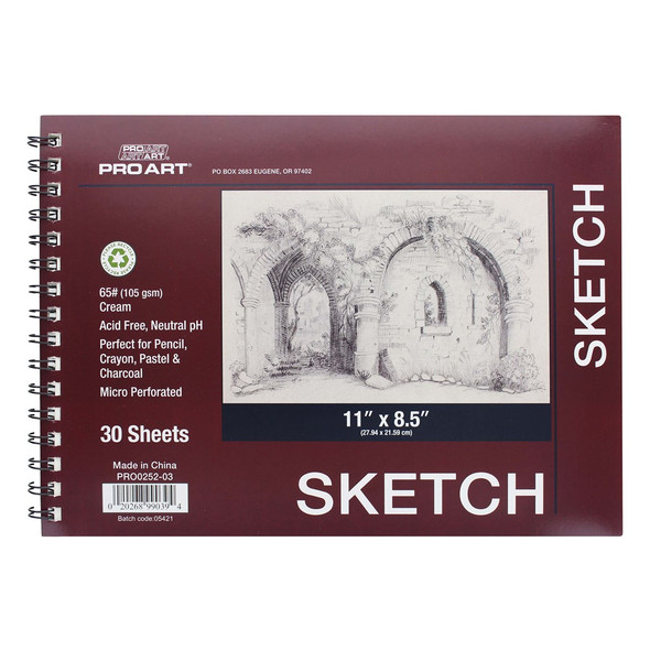 Pro Art Sketch Paper Pad 11 inch x 8.5 inch 65lb Side Wire Bound 30pc