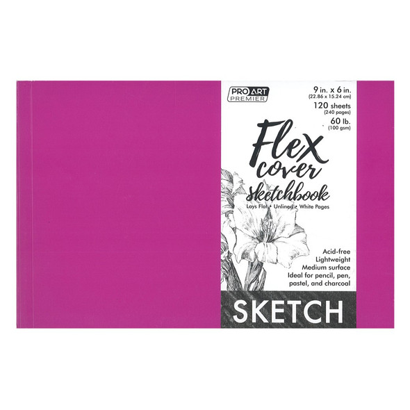 Pro Art Premier Sketch Book 9 inch x 6 inch White 60lb Flex Cover Magenta 120 Sheets