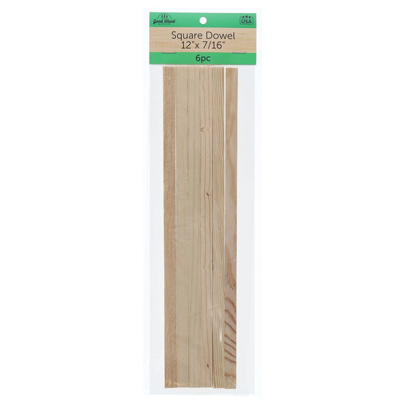 Good Wood Dowels 12 inch x 7/16 inch Square Package 6pc Green