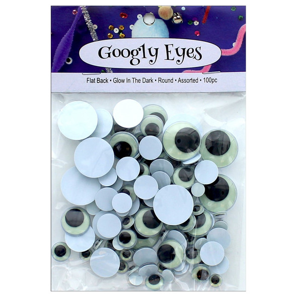 PA Essentials Googly Eye Flat Back Round Assorted Glow In The Dark 100pc