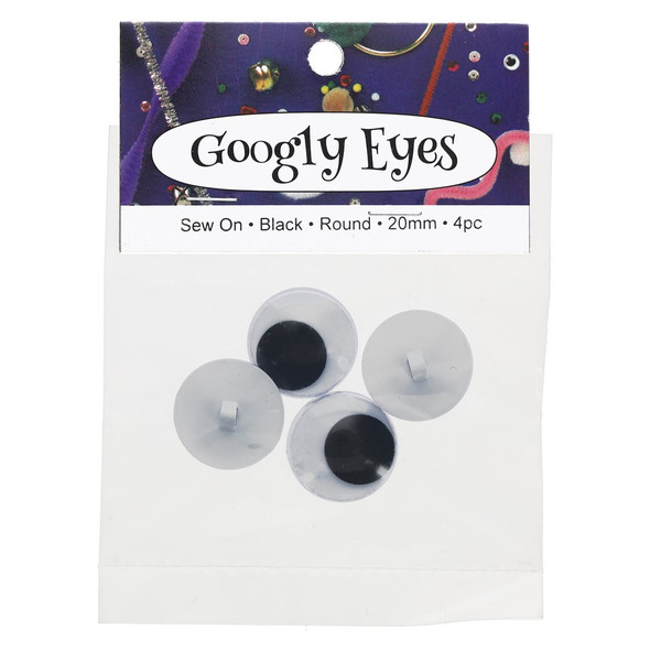 PA Essentials Googly Eye Flat Sew On Back Round 20mm Black 4pc