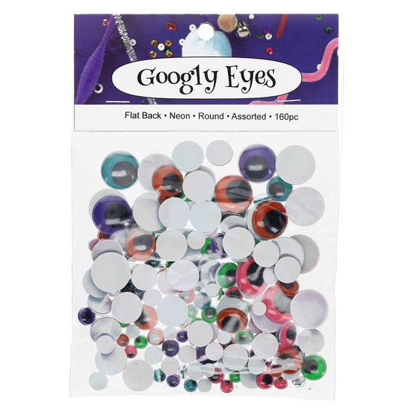 PA Essentials Googly Eye Flat Back Round Assorted Neon 160pc