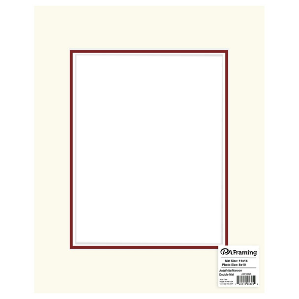 PA Framing Mat Double 11 inch x 14 inch /8 inch x 10 inch White Core Antique White/Maroon