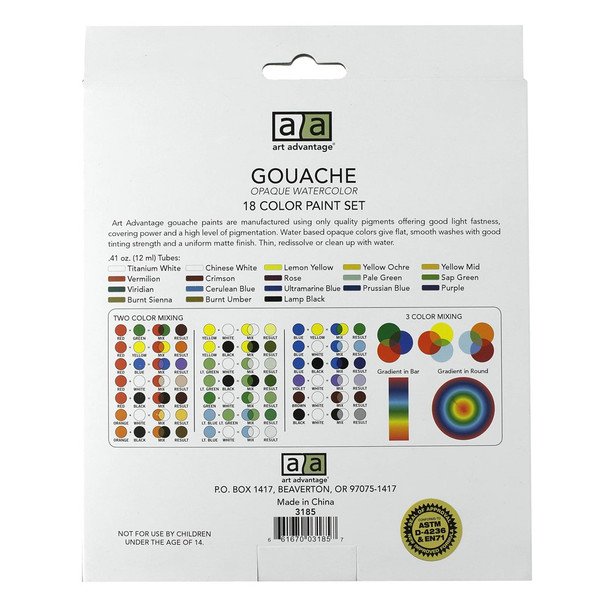 Art Advantage Watercolor Paint Set .41oz Gouache 18 Color