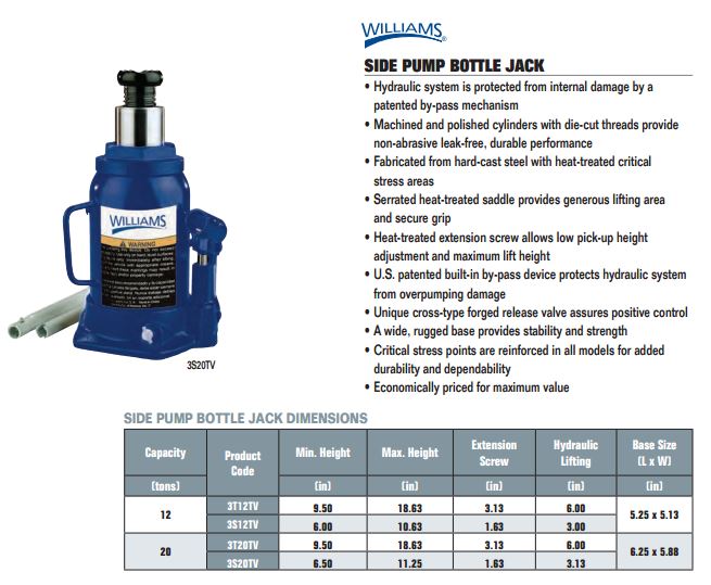 Bottle Jack 20T Hydraulic Williams 3T20TV Greenshields Industrial Supply