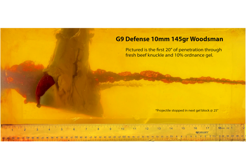 G9 10mm 145 gr Woodsman through fresh beef bone G9 10mm 145 gr Woodsman through fresh beef bone