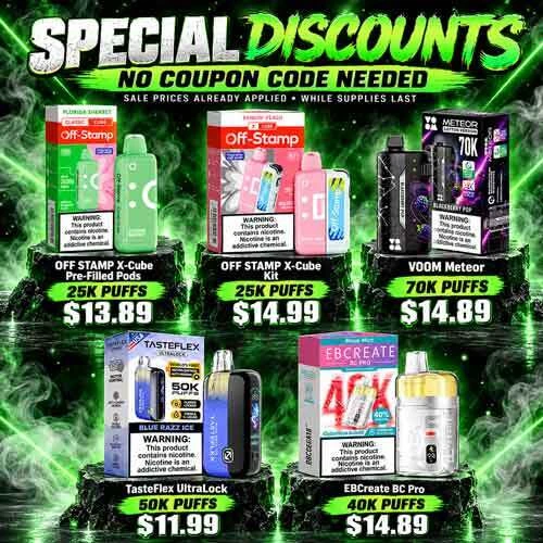 eVape Kings Special Discounts on OFF STAMP, VOOM Meteor, TasteFlex UltraLock and EBCreate disposable vapes - No Coupon Code Needed