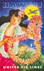 Art Prints of Hawaii United Air Lines, Hawaiin Girl with Leis, Travel Posters