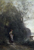 Art prints of Peasant Woman Grazing a Cow by the Edge of a Forest by Camille Corot