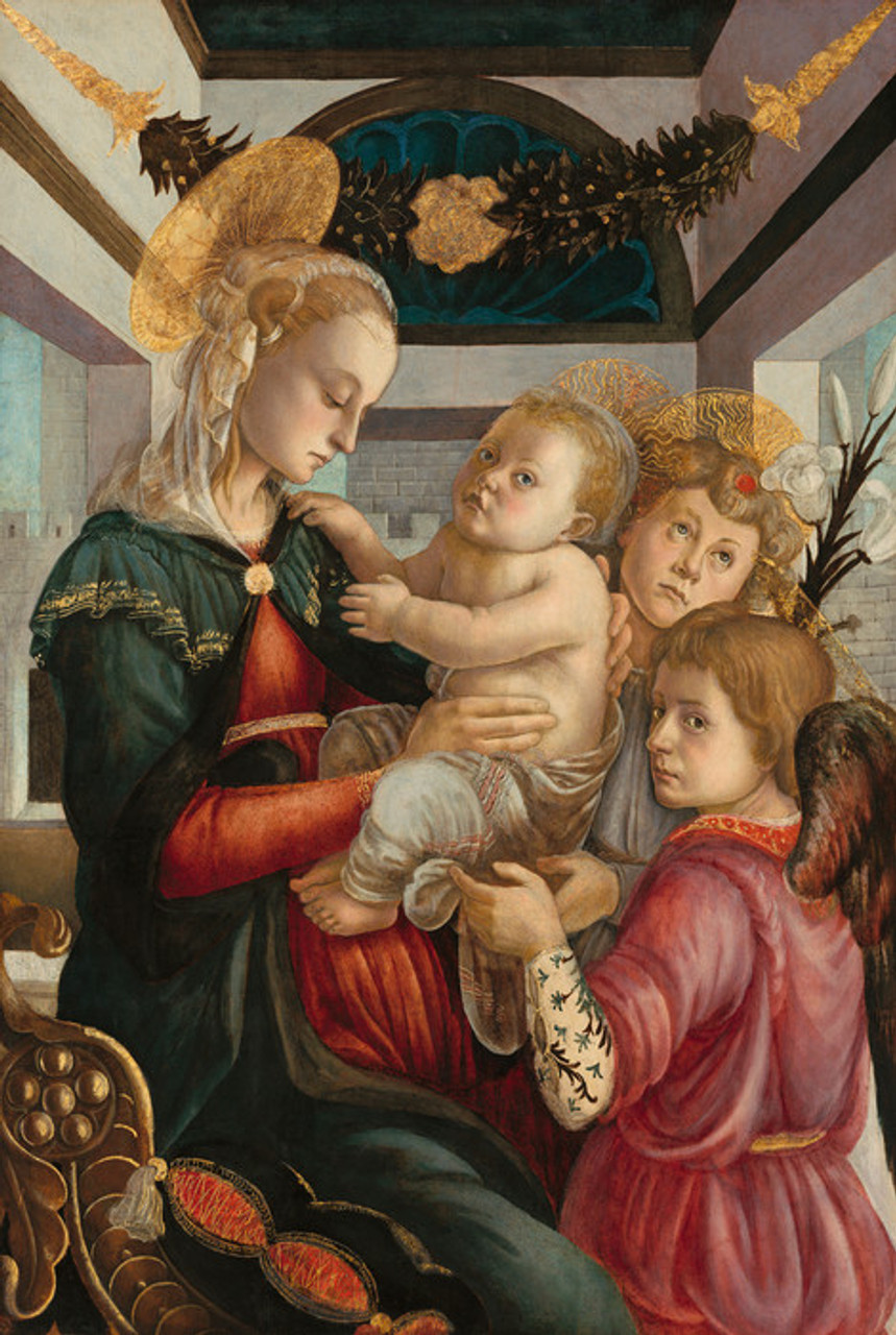 ヨーロッパ式刺繍絵タペストリー:  Madonna with the Child Art Prints of Madonna & Child with Angels by Sandro Botticelli