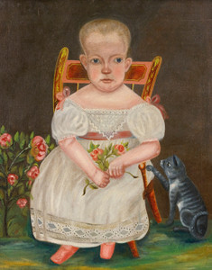 Art Prints of Baby Seated in a Chair with Her Cat, American School