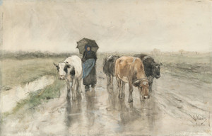 Art Prints of A Farmer with Cows on a Country Road in the Rain by Anton Mauve