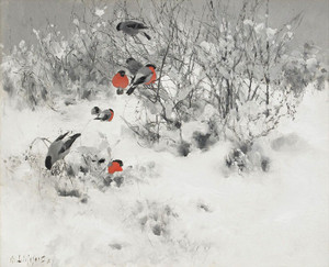 Art Prints of Winter Landscape with Bullfinches, 1891 by Bruno Liljefors