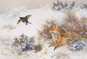 Art Prints of Winter Landscape with Fox and Grouse by Bruno Liljefors