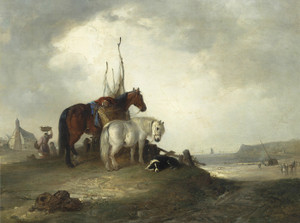 Art Prints of Two Horses and a Dog Resting by the Seashore by Edward Robert Smythe