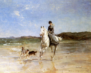 Art Prints of A Girl on a Grey Horse Cantering with Two Dogs by Heywood Hardy