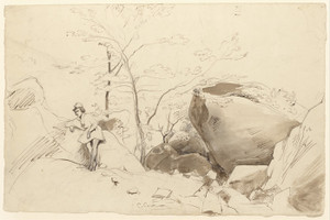 Art Prints of Figure Leaning Against a Rock by Camille Corot