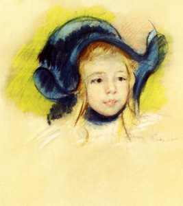 Art Prints of Head of Simone in a Green Bonnet with Wavy Brim by Mary Cassatt