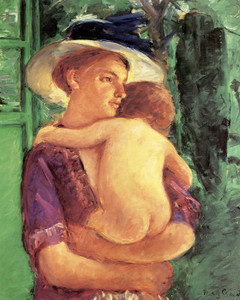 Art Prints of Mother in Large Hat Holding Her Nude Baby by Mary Cassatt